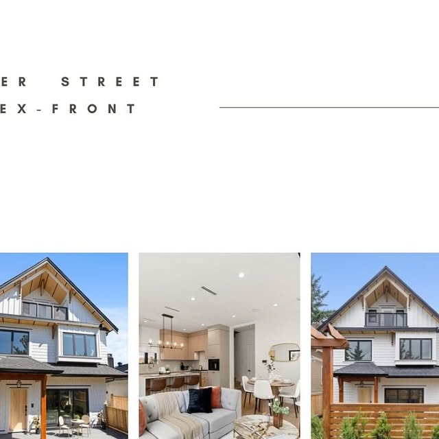 Parker Street duplex exterior and finished living and kitchen interiors